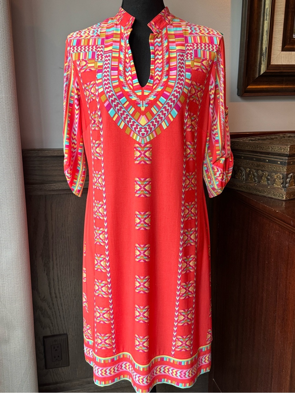 Donna Morgan Bright Coral Geo Print Tunic Dress 10 EUC